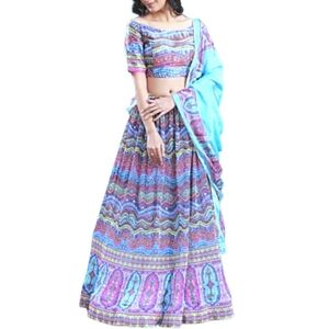 NWOT 3pc. Satin Silk Multicolor Print Top, Skirt & Scarf Set Sz M